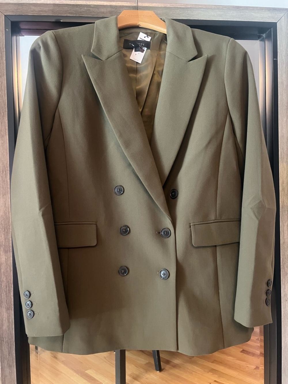 NWT Size 4 Talbots Olive Green Double-Breasted Blazer. The perfect closet staple